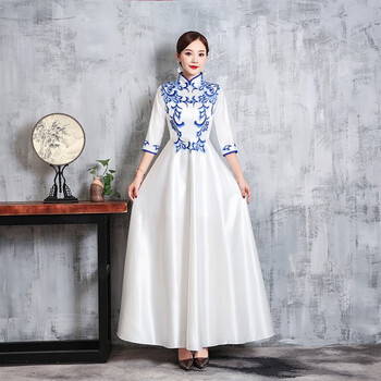 丹诺礼仪服装婚礼旗袍新式小姐长款青花瓷酒店接待迎宾颁奖学生队礼服