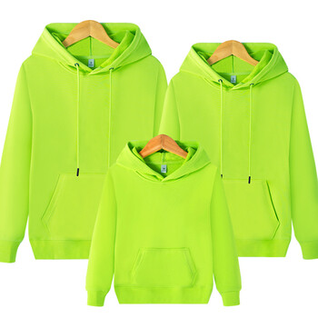 亲子装薄款长袖上衣秋季毛圈纯色卫衣连帽休闲运动亲子装上衣荧光绿