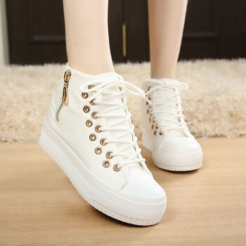 拉链高帮帆布鞋女内增高厚底松糕布鞋休闲百搭纯色女鞋白色38内增高款