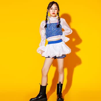 女童模特t台走秀服装女孩时尚炫酷套装演出服少儿爵士舞街舞潮装 蓝色