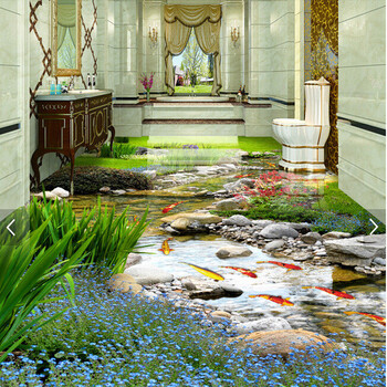 瓷砖地板砖浴室卫生间过道厨房客厅水池塘鲤鱼荷塘月色3d地板地砖高温