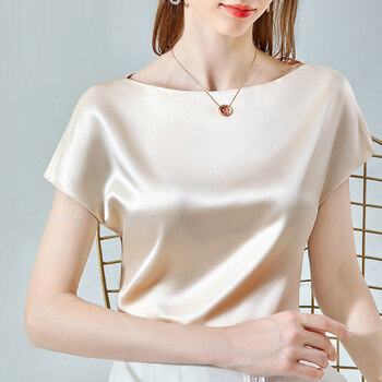 真丝女桑蚕丝半袖短袖夏年新款缎面恤高端感上衣 香槟色 l