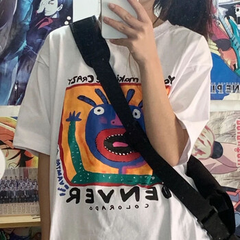 女ins夏季2024设计感宽松慵懒风小众半袖上衣原宿bf潮白色短袖大嘴怪m