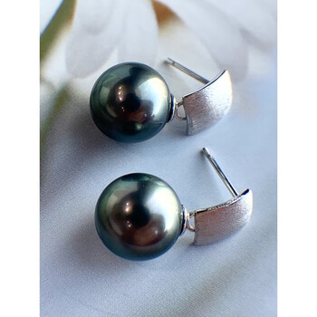 柒畔天然海水珍珠大溪地南洋黑珍珠耳环耳坠s925银简约气质耳钉1011mm