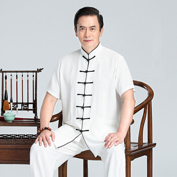 高端亚麻太极服装八段锦棉麻春夏季太极拳练功服男士 白色镶黑边短袖