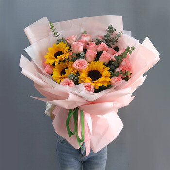来一客鲜花速递向日葵百合花粉玫瑰花束生日祝福全国同城送花上门19朵粉玫瑰搭配3朵向日葵花束 图片价格品牌报价 京东