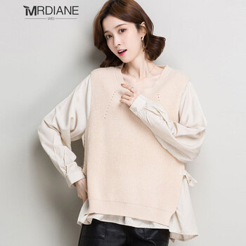 mrdianewei韩版时尚气质假两件针织衫女宽松上衣小衫春秋装女士t恤m9
