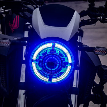 400f大灯摩托车改装圆灯级led总成损安装前大灯配件 蓝色天使眼【图片