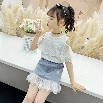 童洋气时尚牛仔裙7岁女孩夏装13两件套小孩子穿的白色露肩无袖150cm