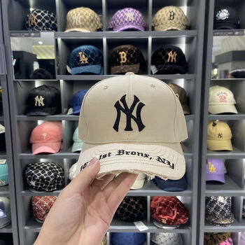 nynyc韩国帽子棒球帽男复古做旧破洞ny大标弯檐夏季硬顶鸭舌帽女米