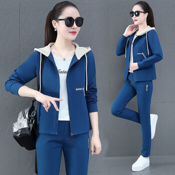 峰艺酷棉质运动套装女春季时尚显瘦健身跑步连帽运动服休闲套装三件套