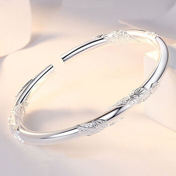 老凤祥款式s999银手镯子女孔雀实心银饰牡丹花个性刻字送妈妈送女友