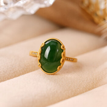 九壹银庄925银戒指镀金色轻奢复古天然和田玉碧玉镶嵌女款活口可调节