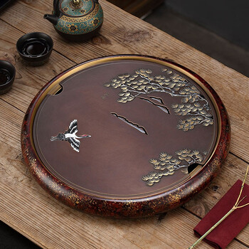 久堂京也纯黄铜功夫茶盘圆形复古家用储水干泡茶台茶海茶托盘轻奢现代
