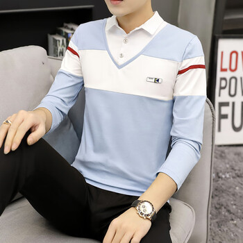 长袖男士假两件套长袖t恤翻领秋冬衬衫领体恤带领修身t桖有领秋装上