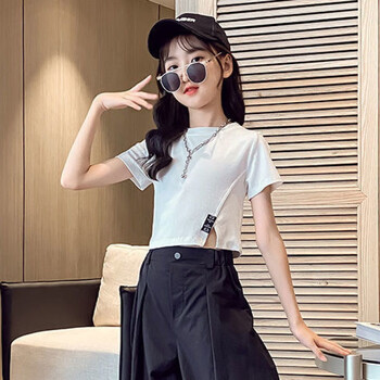 服女孩子嘻哈服啦啦操演出服现代舞衣服童套装夏装新款修身短袖t恤宽