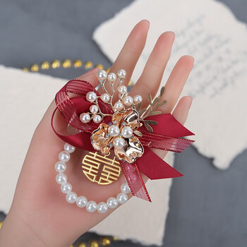 小清新伴娘姐妹团手花超仙唯美新郎结婚胸花全套 红色手腕花-珍珠链款