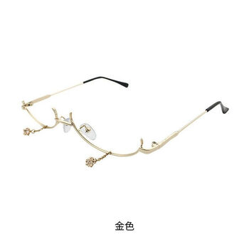 新品金丝框眼镜链条带钻无镜片金属眼镜抖音下半框平光镜水滴装饰链条