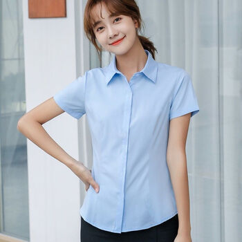 蓝色衬衫短袖女春夏秋新款韩版显瘦衬衣ol风格工作服职业装蓝色优品
