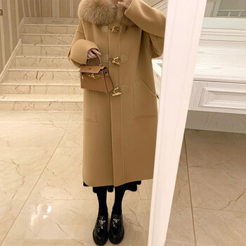 勤驰大衣毛呢外套女小个子带帽子牛角扣毛呢外套女冬毛领连帽黑色xs