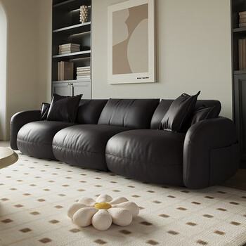 皮艺沙发大小户型现代意式直排三人沙发 黑色【接触面纳帕头层牛皮】