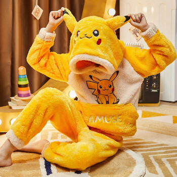 睡衣秋冬季男童珊瑚绒加厚中大童小孩宝宝连帽套装家居服6635皮卡丘