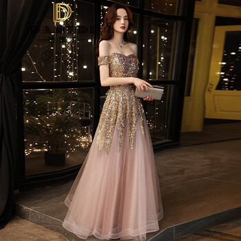 damudi丹慕汀品牌女装 一字肩晚礼服2021新款洋气高贵显瘦主持人宴会