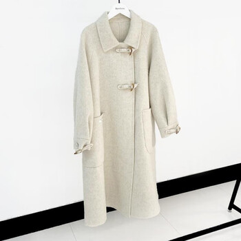 hkzl双面羊绒大衣女中长款2023年新款长毛牛角扣过膝加厚羊毛呢外套米