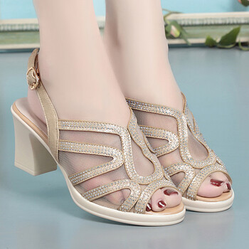 新款高跟时装中年妇女士夏天鞋子妈妈皮凉鞋 金色 35【图片 价格 品牌