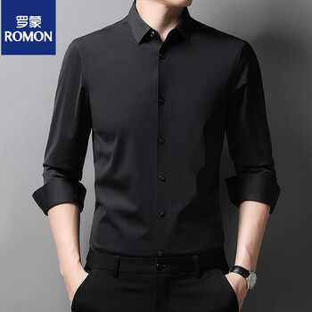 罗蒙romon高档男装男士长袖衬衫商务免烫高端休闲上班职业正装黑色