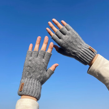 铭隋秋冬天手套男女冬写字保暖短款韩版学生露指触屏半指针织毛线手套