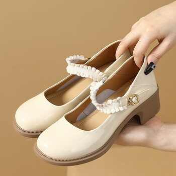 达琪薇夏季小皮鞋浅口漆皮真皮粗跟圆头不累脚软底一脚蹬玛丽珍女鞋单