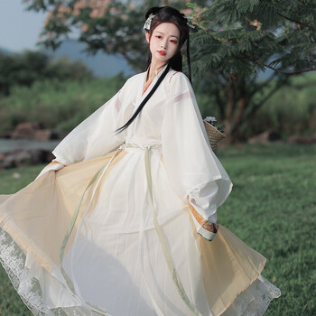 簘蕥 弹古筝的古装衣服汉服女晋制交领襦裙四件套装魏晋中国风 柠黄