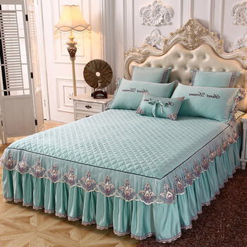 纯色夹棉床裙单件裙式床罩蕾丝花边加厚15米18x20床套芳华浅绿1520m