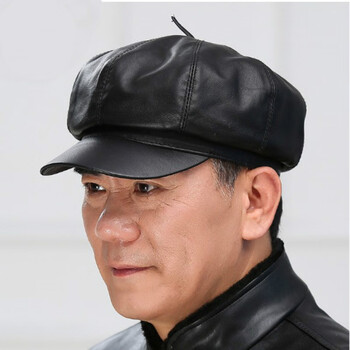 皮帽男式八角帽中老年人秋冬天仿真皮帽子男士仿羊皮单帽画家帽休闲