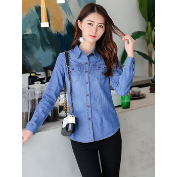 妙夕漫牛仔衬衫女春秋季修身衬衣百搭显瘦上衣简约长袖外套薄款35856