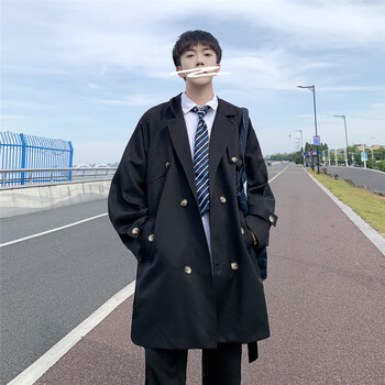 中长款风衣外套男韩系休闲简约大衣宽松感英伦风风衣男 卡其色 xl