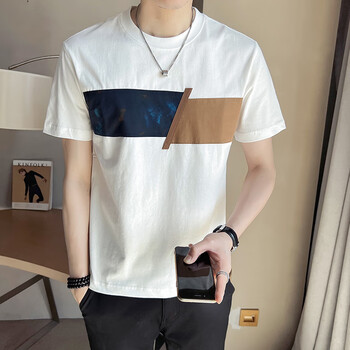 短袖恤男夏季圆领2023新款潮牌潮流男装贴布拼接衣服男士白体恤白色m