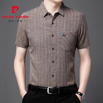 皮尔卡丹(pierre cardin)男士100%纯棉短袖衬衫2024新款品牌正品高端