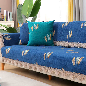 雪尼尔防滑沙发垫四季通用坐垫欧美简约现代客厅全包半包套巾春夏蓝色