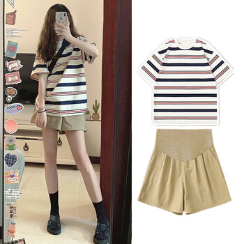 朗茵孕妇套装时尚新款韩版夏季短袖短裤条纹t恤休闲运动网红两件套女