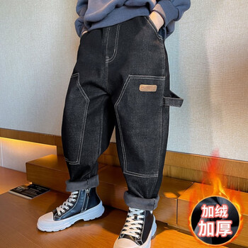 简霏男孩裤子秋冬款男童牛仔裤加绒一体绒中大童小学生运动休闲裤2022