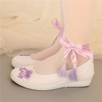 古风汉服鞋古风汉服鞋子女搭配古装学生舞蹈白色帆布刺绣花平底坡跟