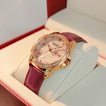 卡罗莱(caluola)全自动机械表 女士手表 女表真皮带精钢带镶钻时尚