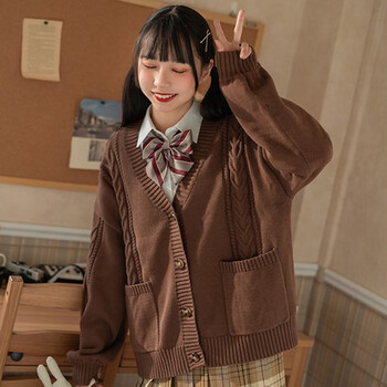 梗豆物语秋冬新品jk制服毛衣多色宽松麻花纯棉针织开衫栗棕色xs