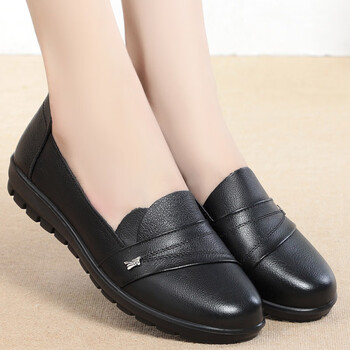 红蜻蜓春秋妈妈鞋单鞋真皮软底平底舒适女鞋中年皮鞋中老人防滑工黑色