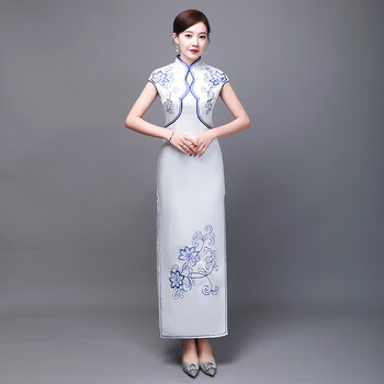 勤驰礼仪小姐礼服迎宾旗袍 礼仪旗袍长款服装迎宾小姐青花瓷复古礼服
