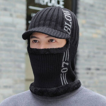 帽子男冬季女针织套头帽加厚保暖骑车蒙面东北风寒围脖护耳黑色07连体