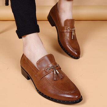 槿瑰皮鞋男套脚大码懒人脚蹬尖头流苏豆豆鞋发型师鞋夏男款时尚棕色38