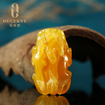 欧采妮（OUCERNY）[福禄貔貅]天然蜜蜡吊坠女款鸡油黄红琥珀满蜜水滴项链佩绳男雕刻 A3712
